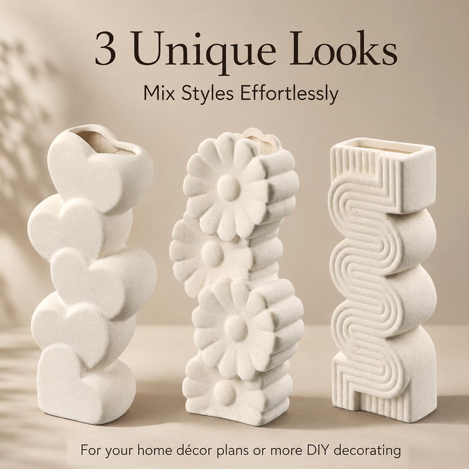 White Ceramic Flower Vases Table Decor Heart Shaped Vase Set of 3 | Nordic Heart Shaped Vases Minimalist Decorative Vase for Table Centerpiece Wedding Dining Living Room Office House Decoration