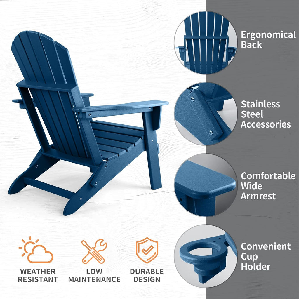 FUNBERRY Folding Adirondack Chair Set of 2, HDPE All Weather Fire Pit Chairs with Cup Holder for Outdoor