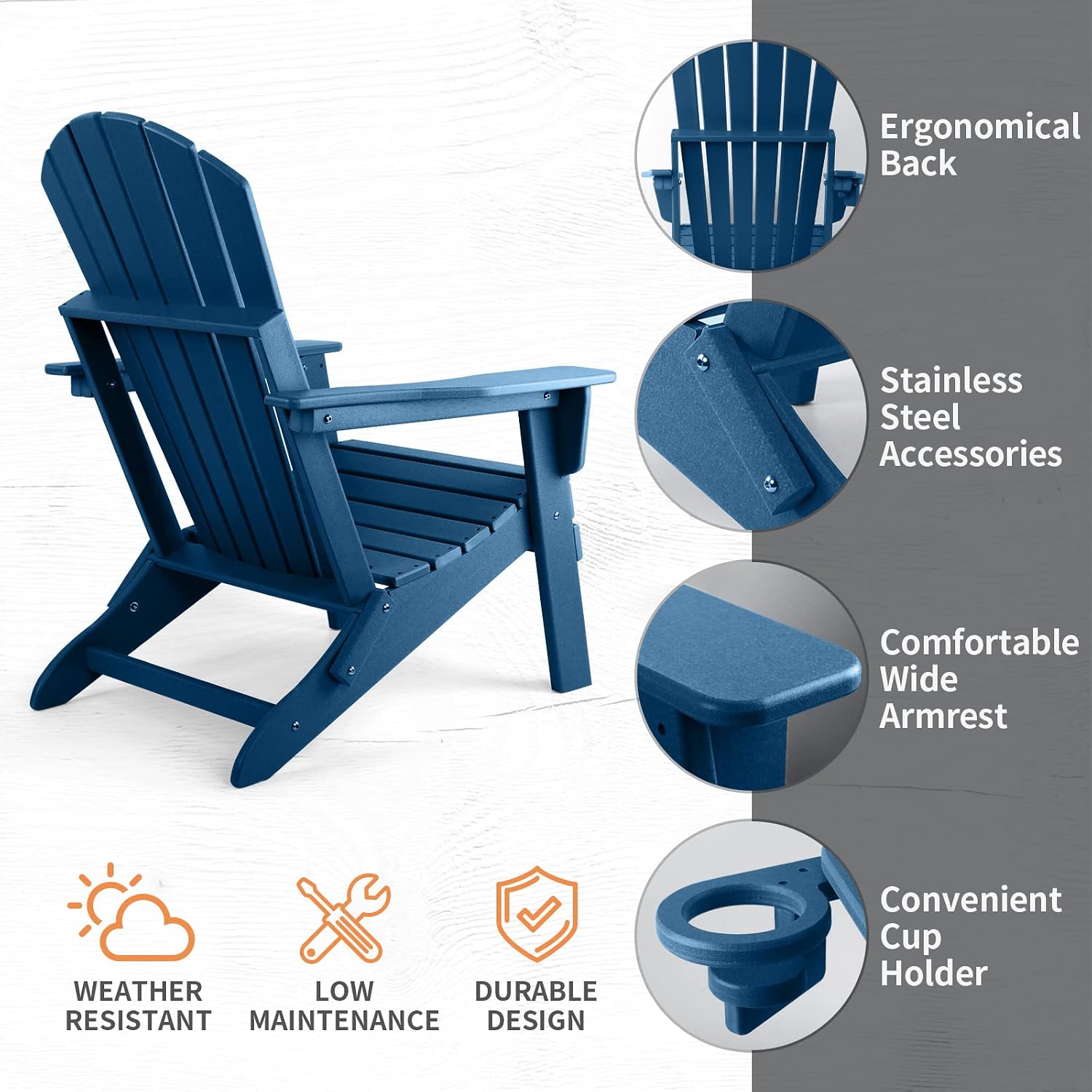 FUNBERRY Folding Adirondack Chair Set of 2, HDPE All Weather Fire Pit Chairs with Cup Holder for Outdoor