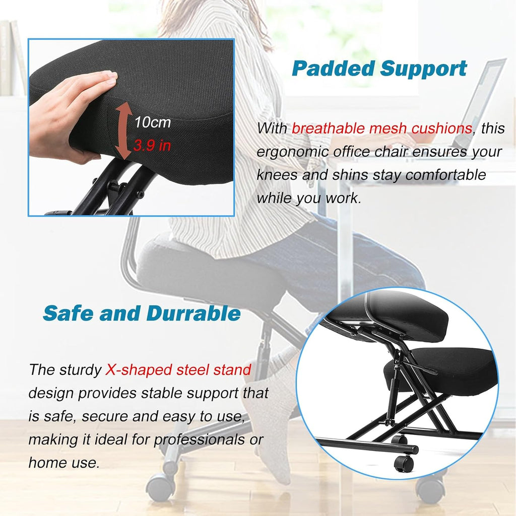Cross Legged Office Chair - Height Adjustable Meditation Chair with 360° Casters for Home Workers and Fitness Enthusiasts (Black)