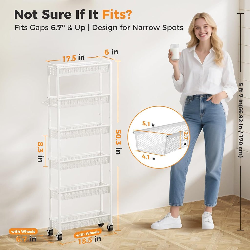 6 Tier Slim Storage Cart with Wheels, 6" D Rolling Storage Cart for Small Space, Metal Narrow Spice Cabinet Mobile Shelving Unit Organizer with Handle for Kitchen, Laundry - White