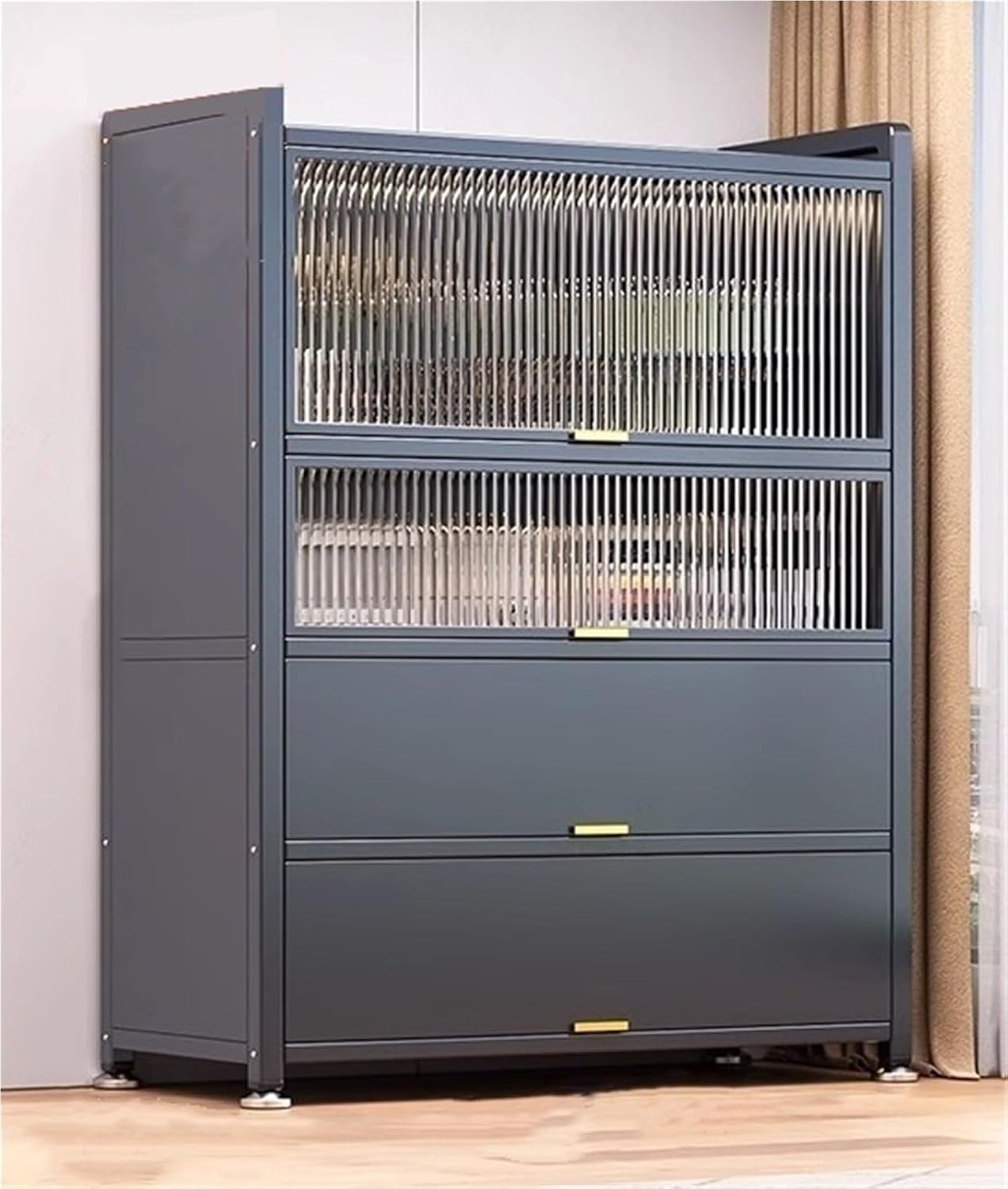 4 Tier Kitchen Pantry Storage Cabinet Microwave Stand with Flip-up Doors Freestanding Storage Cabinet for Dining Room Living Room(Gray,80cm)