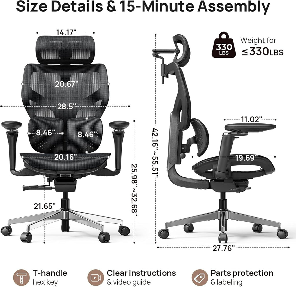 Ergonomic Office Chair with Lumbar Support - Over 10 Hours Sitting Comfortable, Mesh Big and Tall Home Computer Desk Chairs, 4D Headrest, 630° Armrst, Seat Depth Adjustable, 330 LBS