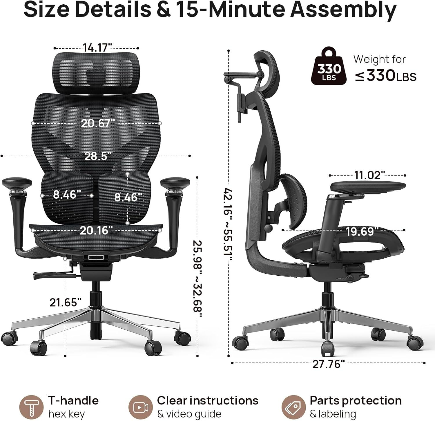 Ergonomic Office Chair with Lumbar Support - Over 10 Hours Sitting Comfortable, Mesh Big and Tall Home Computer Desk Chairs, 4D Headrest, 630° Armrst, Seat Depth Adjustable, 330 LBS