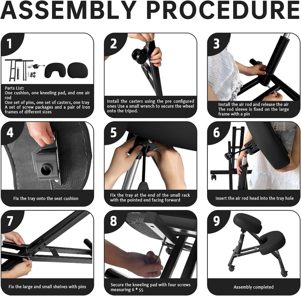 PU Leather Ergonomic Kneeling Chair, Adjustable Home and Office Stool with Thick Pads and Flexible Lockable Brake Wheels for Back Pain Relief (Black)