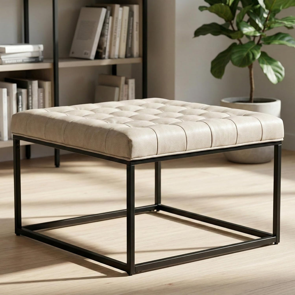 28" Square Ottoman, Faux Leahter Coffee Table for Living Room, Tufted Footrest with Metal Base, Mid Century Footstool for Couch, Small Vintage Ottoman for Apartment, Bedroom, Office, Ivory