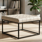 28" Square Ottoman, Faux Leahter Coffee Table for Living Room, Tufted Footrest with Metal Base, Mid Century Footstool for Couch, Small Vintage Ottoman for Apartment, Bedroom, Office, Ivory