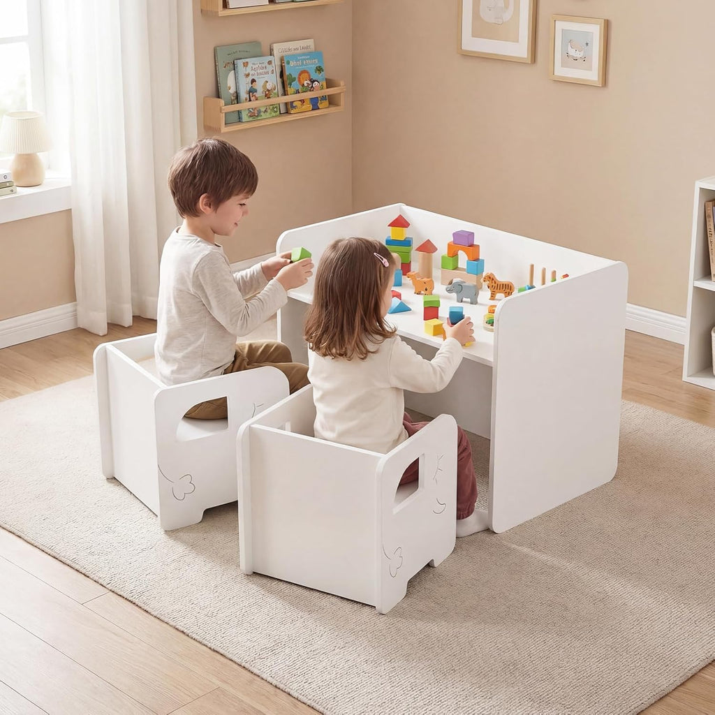 Costzon 3 PCS Kids Table and Chairs, All in One Wooden Montessori Desk Set w/Chalkboard, Storage Shelves, Toddler Table and Chair Set for Home, School (White, Elephant)