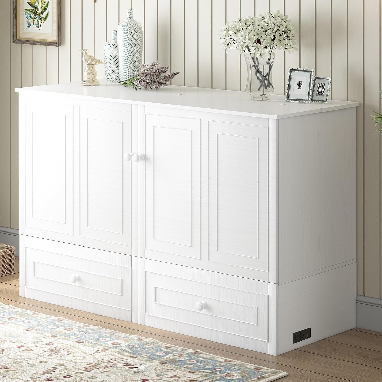 BALUS 63" W Murphy Bed Queen, Murphy Cabinet Beds with Tri-Fold Mattress & USB Charging Station, Space-Saving Wooden Wall Bed Cabinet with 2 Large Storage Drawers for Living Room Apartment, White