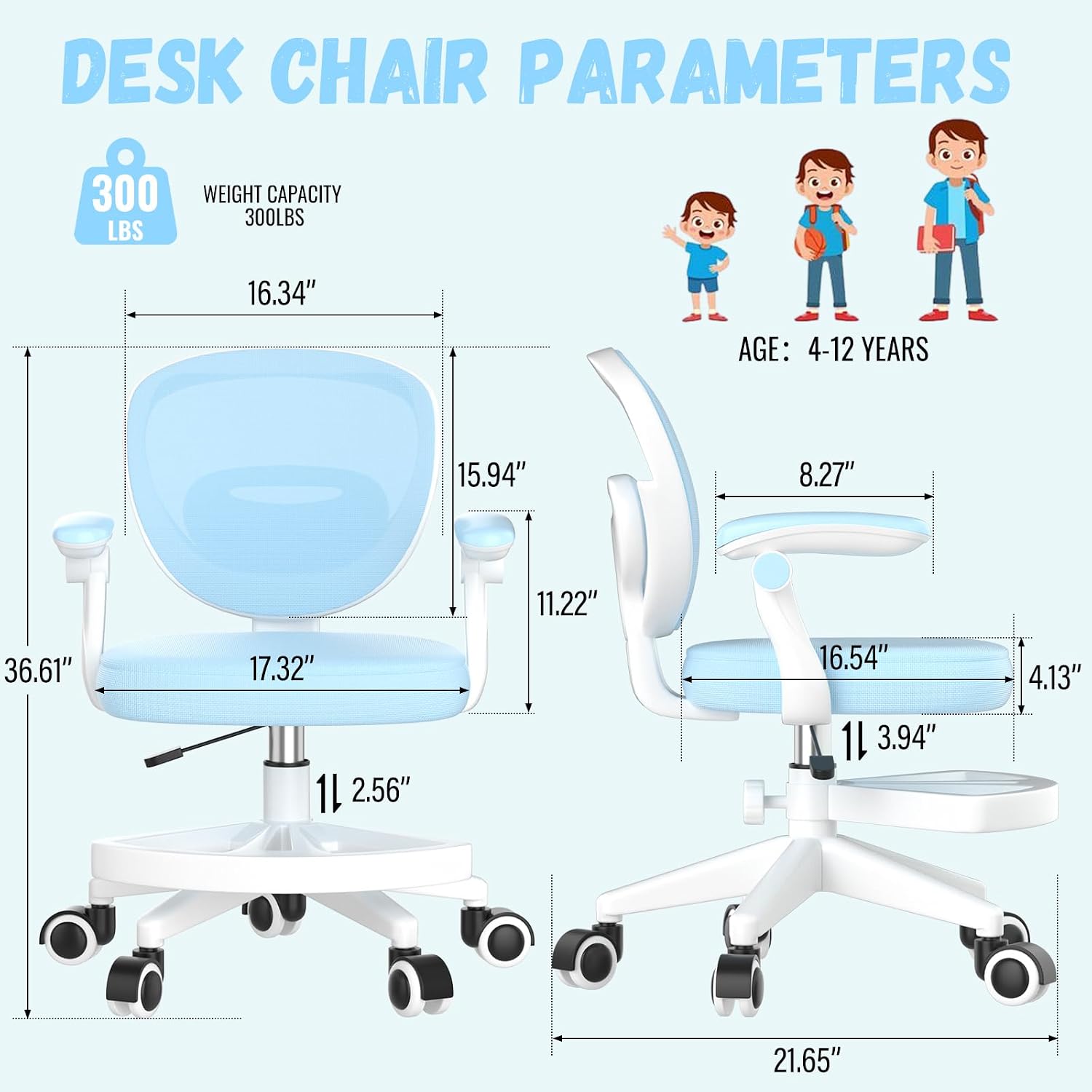 Ergonomic Kids Desk Chair 4-12, Adjust Height Children Study Computer Chair | Mesh Student Teen Task Gaming Chair | with Footrest & Flip-up Armrest & 360° Wheels | Children Office Chair for Boys Girls