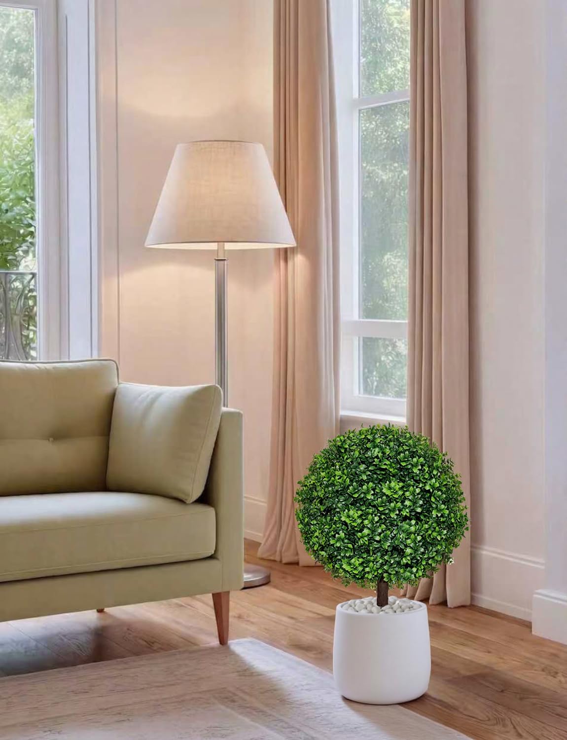 27.5" Artificial Boxwood Topiary Ball Trees for Outdoor with Round Spike, Set of 2 UV Resistant Fake Bushes Artificial Outdoor Shrubs for Front Porch Planters, Weatherproof Faux Greenery Plants Decor
