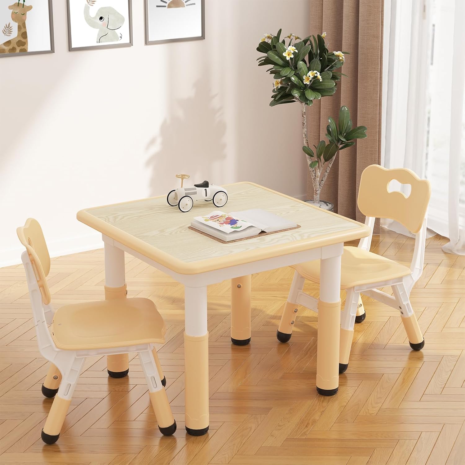 GAOMON Kids Table and 2 Chairs Set with Graffiti Desktop, Height Adjustable Toddler Table and Chairs Set for Reading, Drawing, Playing, Eating