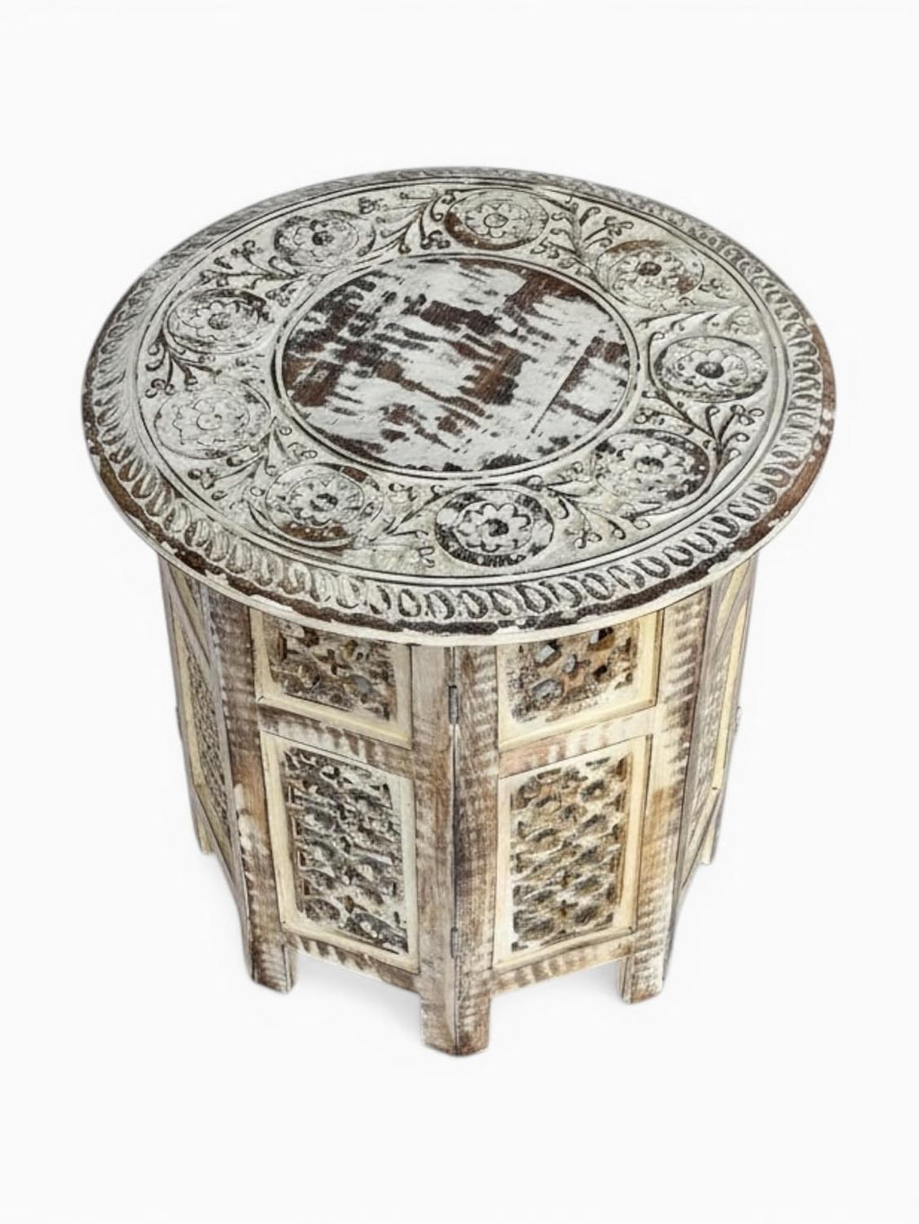 Handcrafted Round Wooden Side Table with Carved Floral Top, White Washed Finish, 18 Inch Decorative Accent End Table for Living Room, Bedroom & Indoor Use
