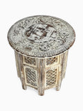 Handcrafted Round Wooden Side Table with Carved Floral Top, White Washed Finish, 18 Inch Decorative Accent End Table for Living Room, Bedroom & Indoor Use