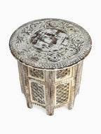 Handcrafted Round Wooden Side Table with Carved Floral Top, White Washed Finish, 18 Inch Decorative Accent End Table for Living Room, Bedroom & Indoor Use