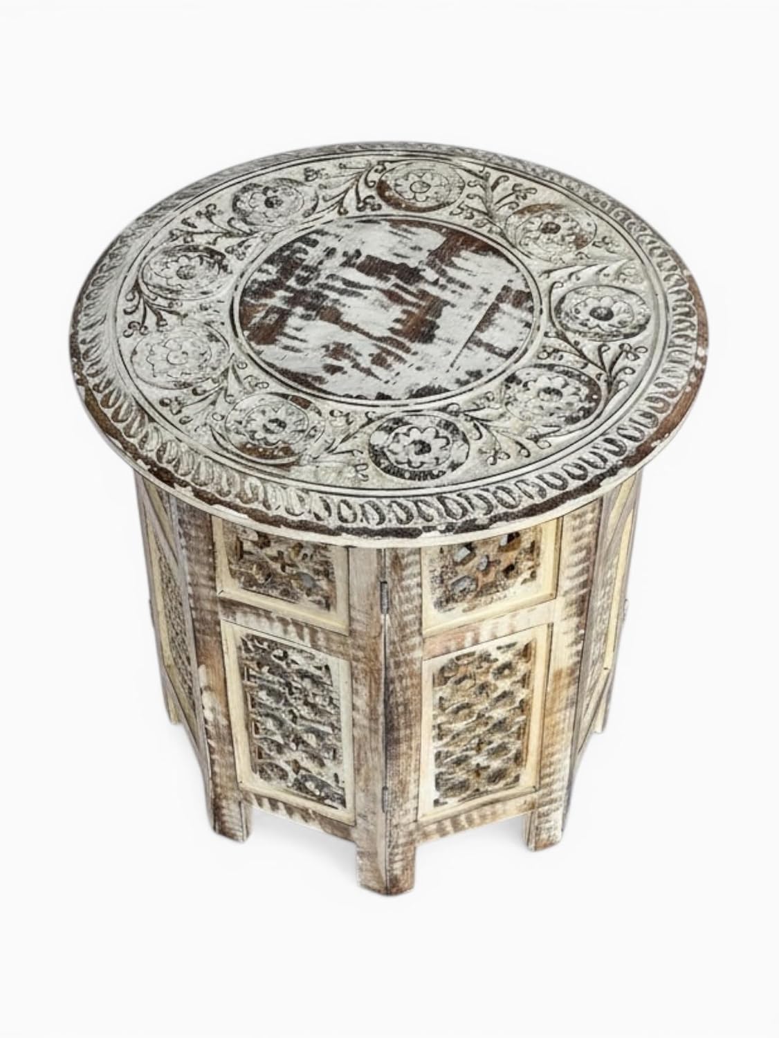 Handcrafted Round Wooden Side Table with Carved Floral Top, White Washed Finish, 18 Inch Decorative Accent End Table for Living Room, Bedroom & Indoor Use