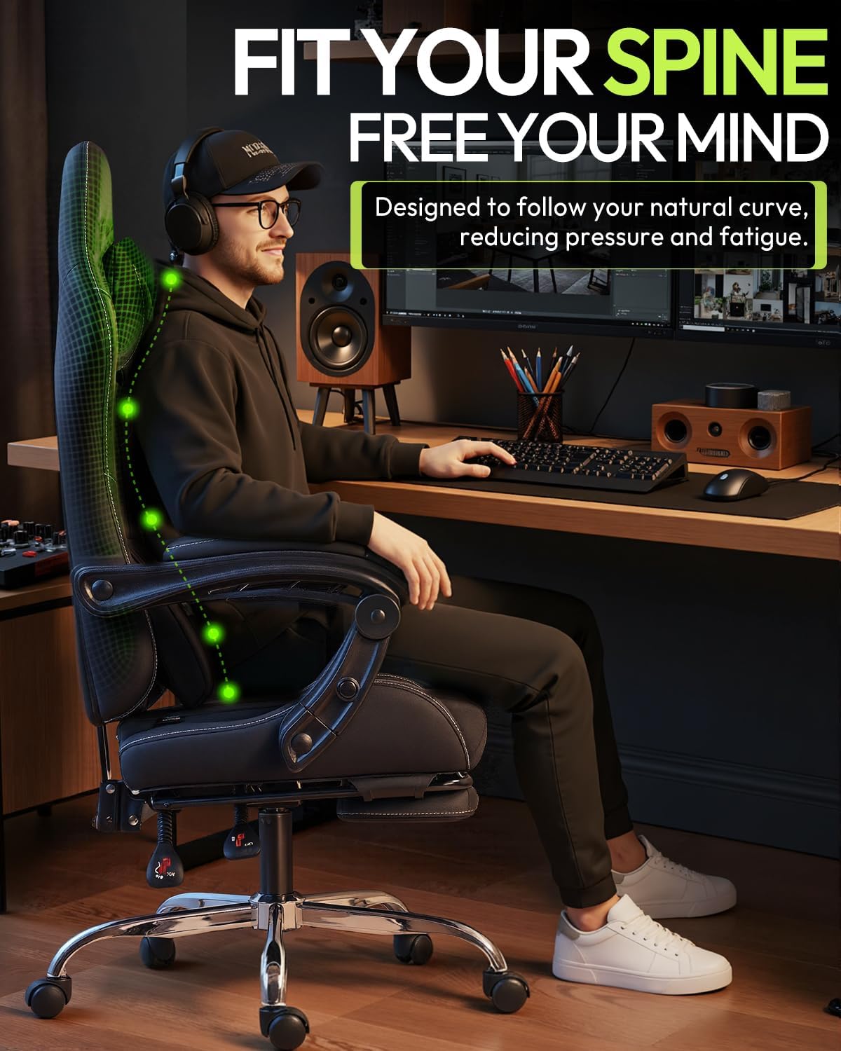 Dowinx Ergonomic Gaming Chair with Footrest & Massage Lumbar, 2D-Linkage Armrests for Computer Chair 330lbs with Headrest Pillow for Office, Home, Streaming and Long Gaming Sessions, Black