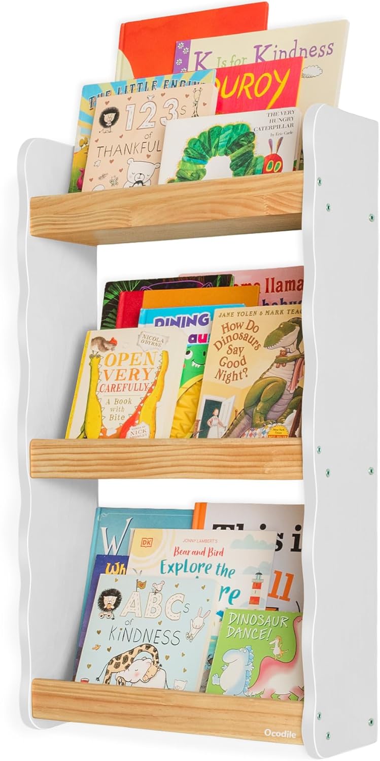 Ocodile Floating Kids Bookshelf – 3-Tier Wall Mounted Bookshelf for Nursery & Playroom – Montessori Floating Shelves for Kids Room Made of Pine Wood with Smooth Finish - White