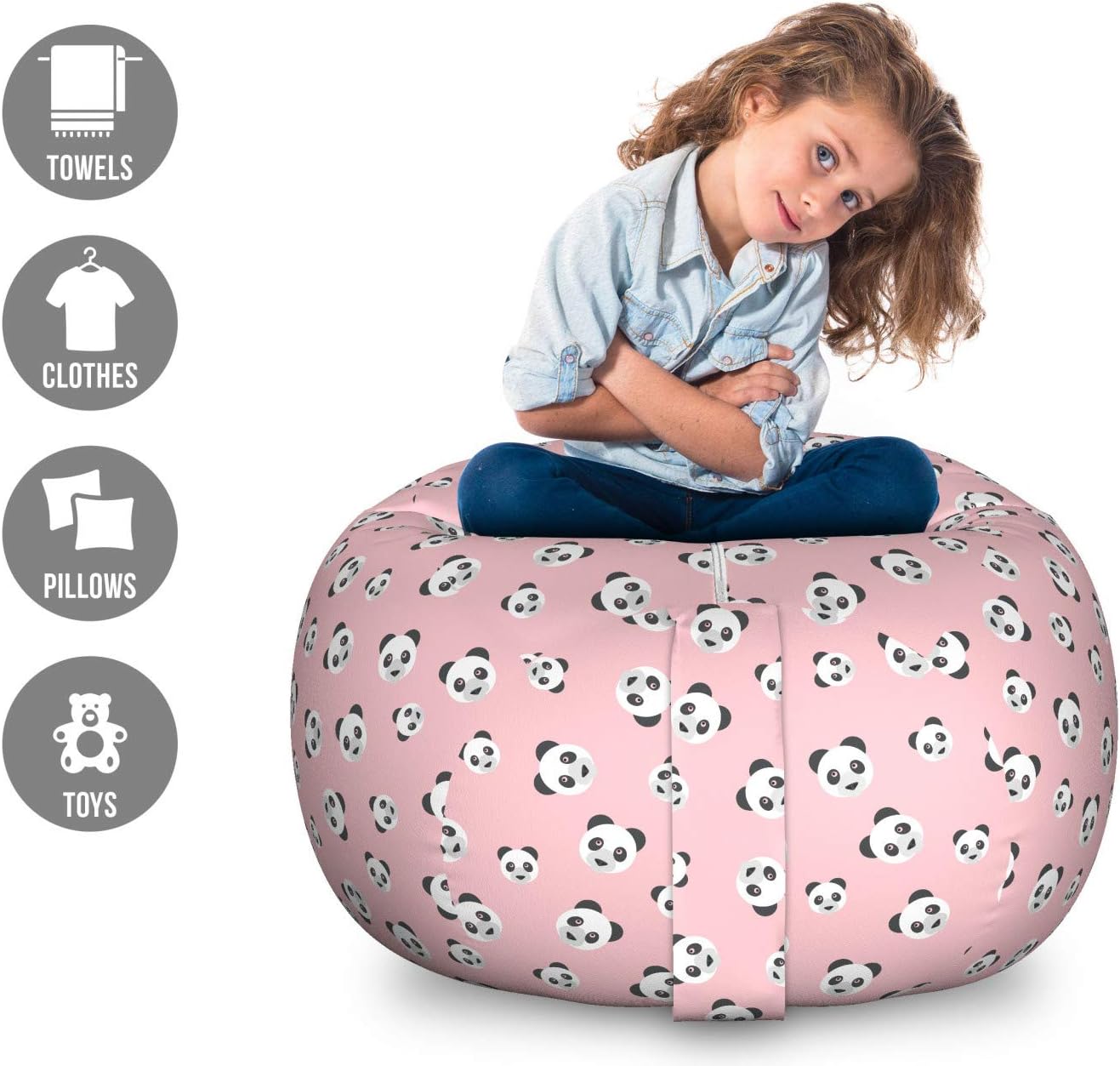 Lunarable Baby Pink Storage Toy Bag Chair, Panda Pattern Chinese Animal Portrait Nursery Cartoon Bear, Stuffed Animal Organizer Washable Bag, Large Size, Grey Charcoal