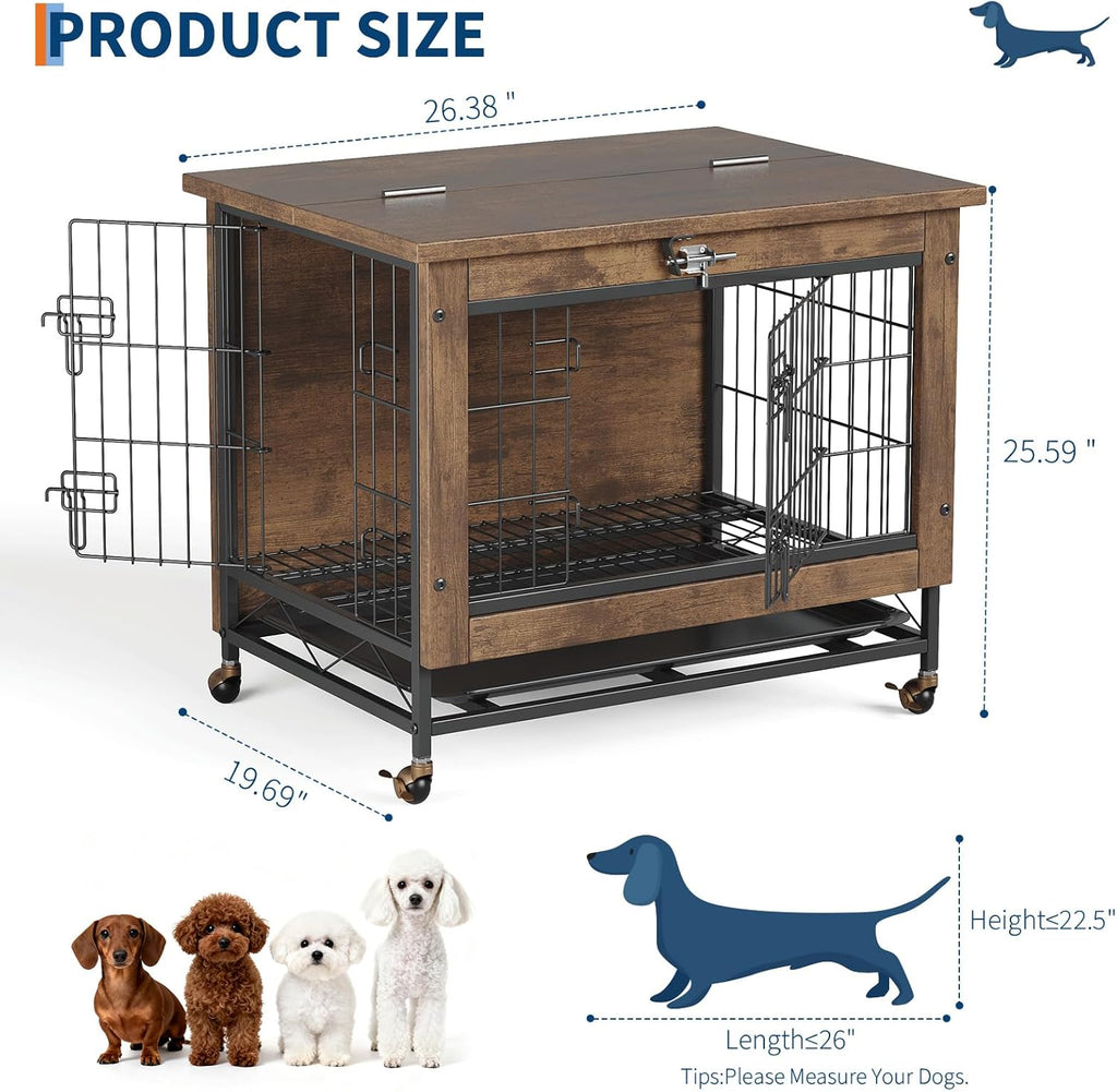 Rustic Brown Wooden Dog Crate End Table with Dual Doors & Lockable Wheels, Indoor Kennel for Small Medium Dogs 26.4" w×19.7" d×25.6" h
