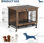 Rustic Brown Wooden Dog Crate End Table with Dual Doors & Lockable Wheels, Indoor Kennel for Small Medium Dogs 26.4" w×19.7" d×25.6" h