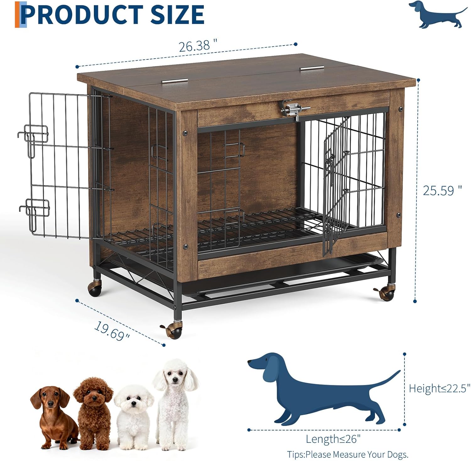 Rustic Brown Wooden Dog Crate End Table with Dual Doors & Lockable Wheels, Indoor Kennel for Small Medium Dogs 26.4" w×19.7" d×25.6" h