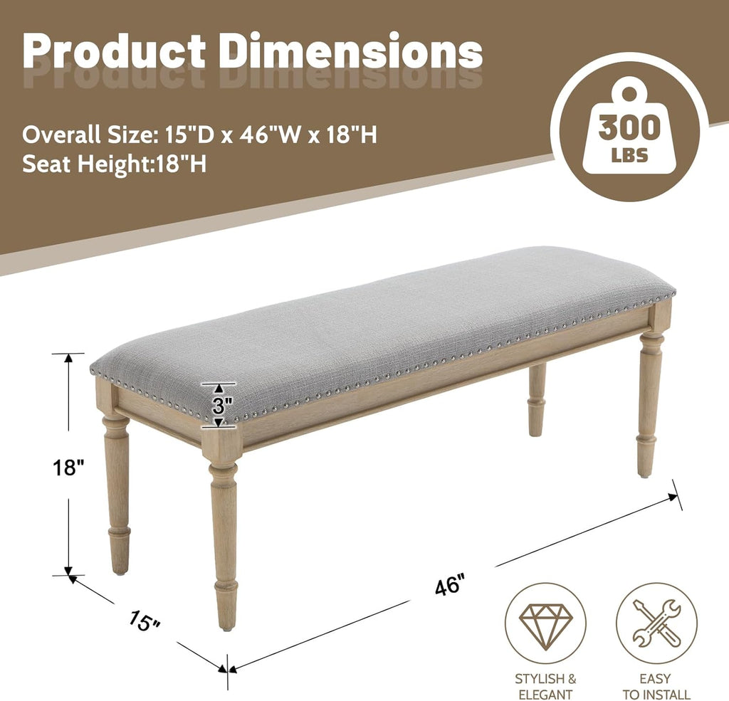 chairus Farmhouse Dining Bench 46" Wooden Entryway Bench with Padded Seat and Nailhead Trim for Kitchen Bedroom,Indoor and Hallway, Grey Linen