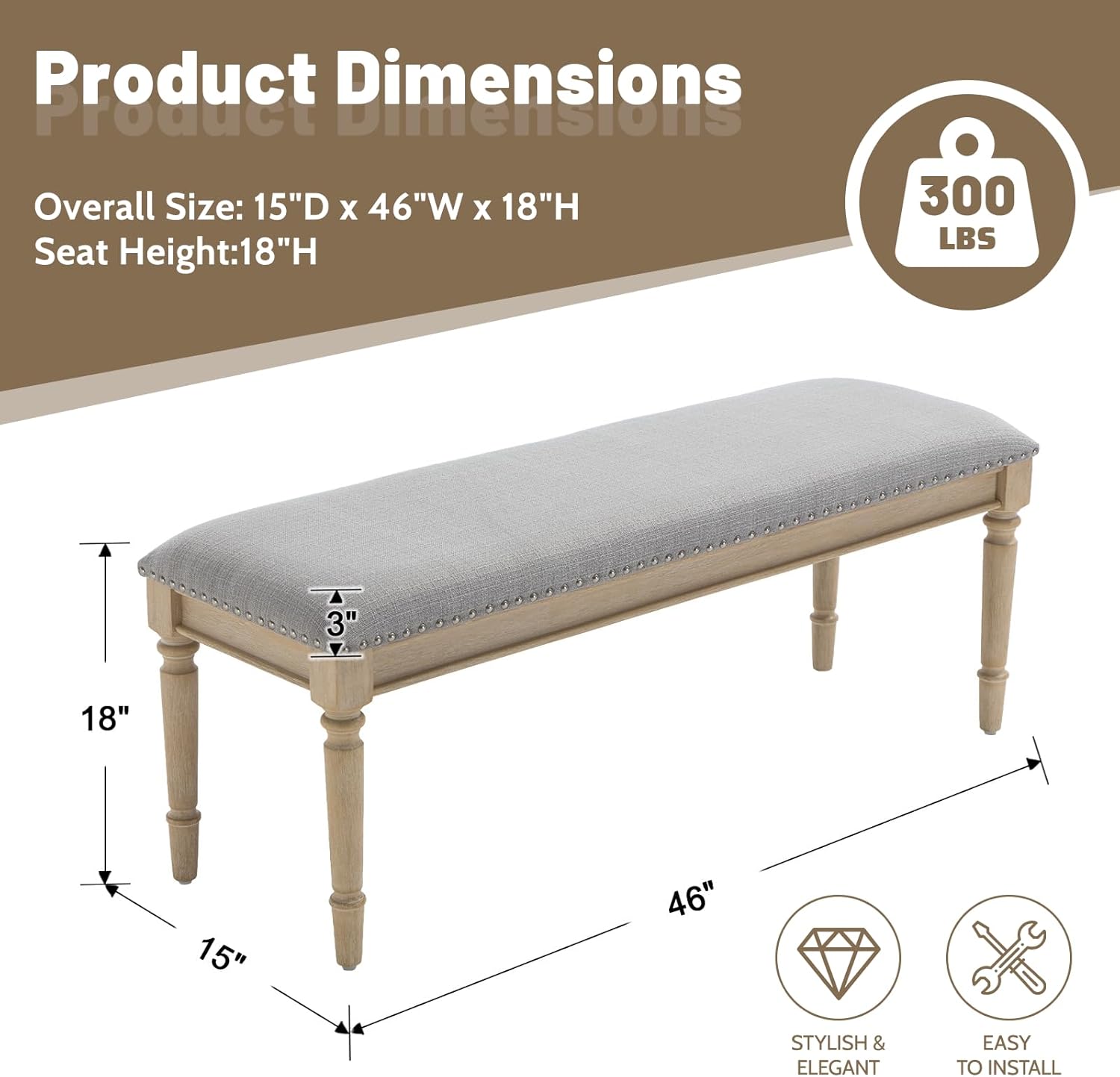 chairus Farmhouse Dining Bench 46" Wooden Entryway Bench with Padded Seat and Nailhead Trim for Kitchen Bedroom,Indoor and Hallway, Grey Linen