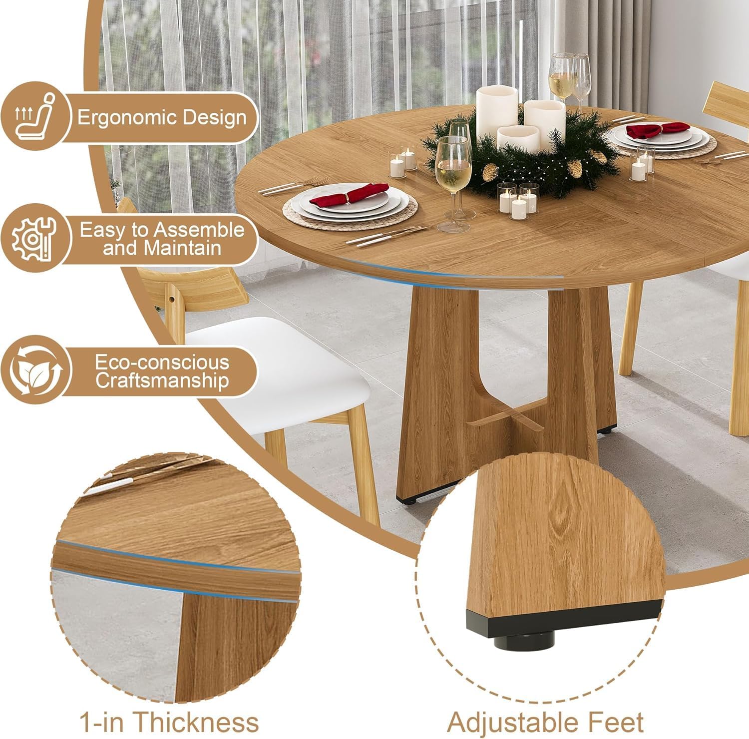 Modern 5-Piece Dining Table Set with 4 Chairs,Oak Round MDF Dining Table, Black Fabric Upholstered Chairs with Natural Wood Legs for Kitchen Dining Room Home