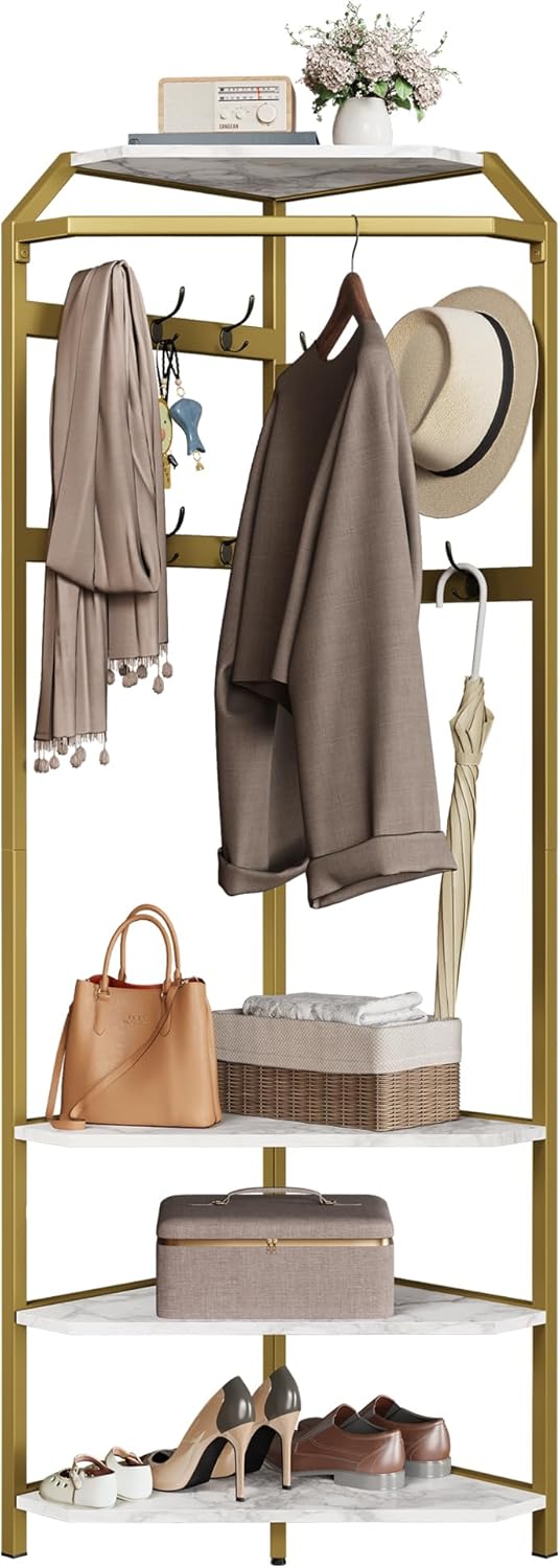 Corner Coat Rack Freestanding, 50x50x180cm Gold Metal Hall Tree with Storage Shelves & Hooks, Space-Saving 90° Corner Garment Rack for Entryway, Bedroom, Hallway, Office