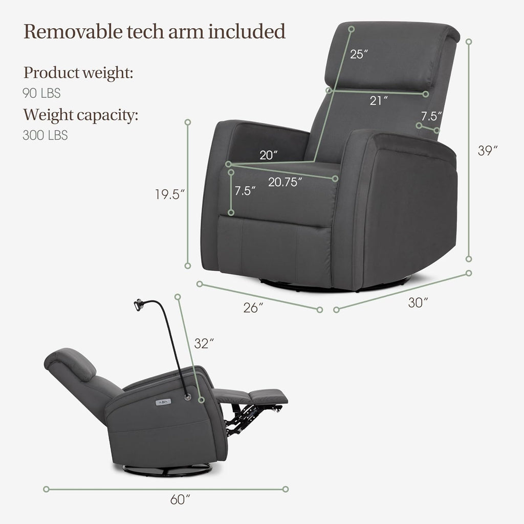 Evolur Maverick Upholstered Power Glider Recliner with Device Holder – Swivel, Rocking & Smooth Power Recline – Greenguard Gold & FSC Certified, Modern Nursery and Living Room Chair in Tempered Grey