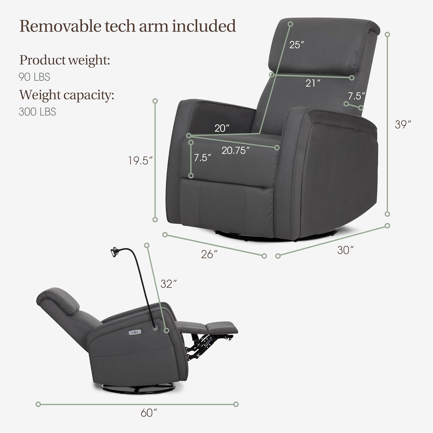 Evolur Maverick Upholstered Power Glider Recliner with Device Holder – Swivel, Rocking & Smooth Power Recline – Greenguard Gold & FSC Certified, Modern Nursery and Living Room Chair in Tempered Grey
