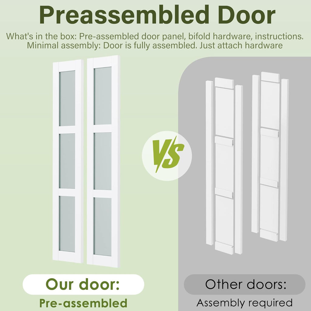 Bifold Door for 28" x 80" Opening, Preassembled 3-Lite Tempered Frosted Glass Closet Door with Hardware Kit, Interior Folding Door for Bedroom, Pantry & Laundry