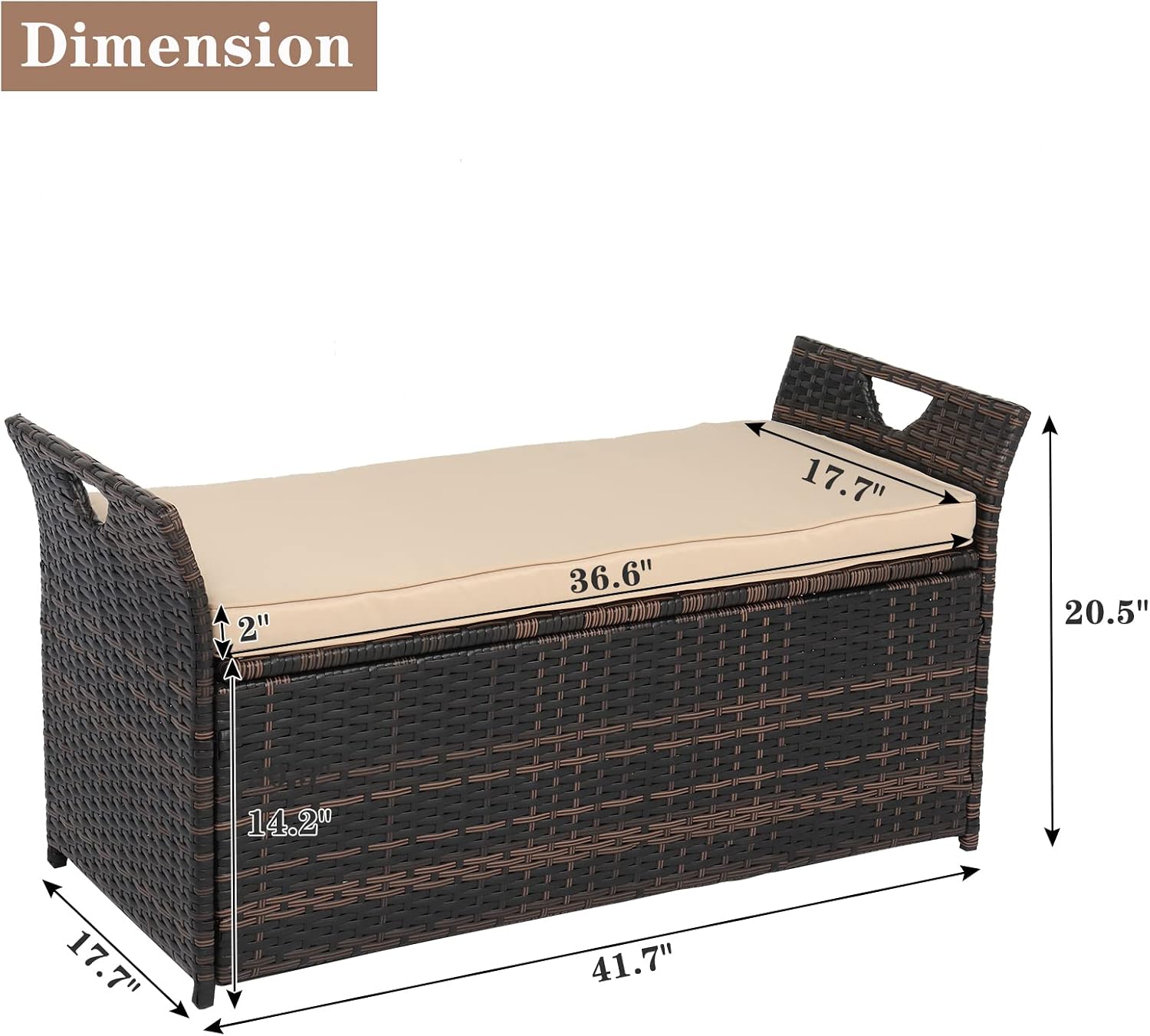 Outdoor Storage Bench, Wicker Rattan Deck Box with 2-Inch Thick Soft Cushion, Water Resistant Cushion Cover with Zipper for Patio Backyard Deck Poolside, Brown Gradient, 42 Inch