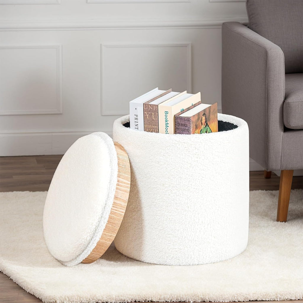 Round Ottoman with Storage, Teddy Upholstered Foot Rest Vanity Stool with Tray, Multifunctional Coffee Table for Living Room Bedroom