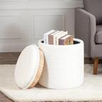 Round Ottoman with Storage, Teddy Upholstered Foot Rest Vanity Stool with Tray, Multifunctional Coffee Table for Living Room Bedroom