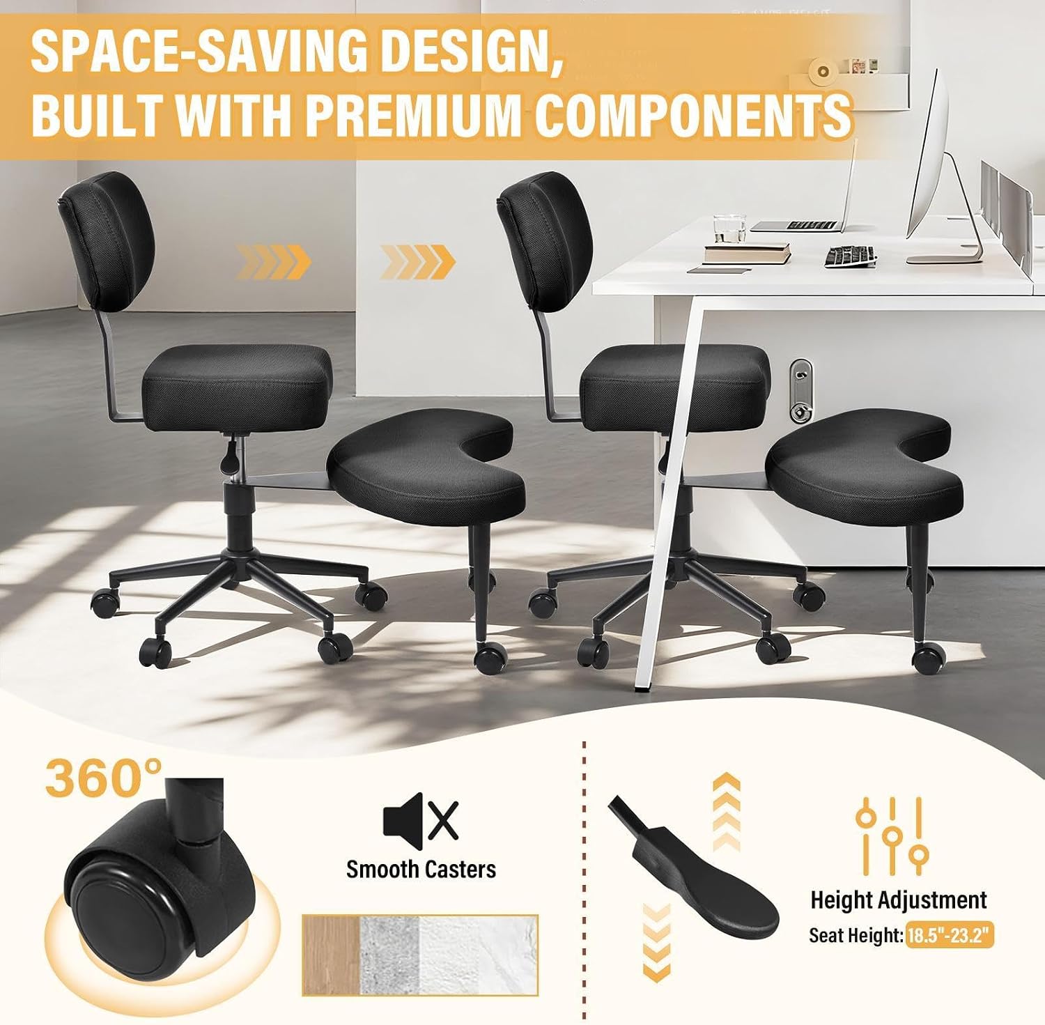 Ergonomic Cross Legged Chair, 360° Swivel Meditation Chair with Wheels for ADHD Desk & Yoga, Criss Cross Design with Strong Lumbar Support, Height-Adjustable Seat Mesh Style, Home Office - Black