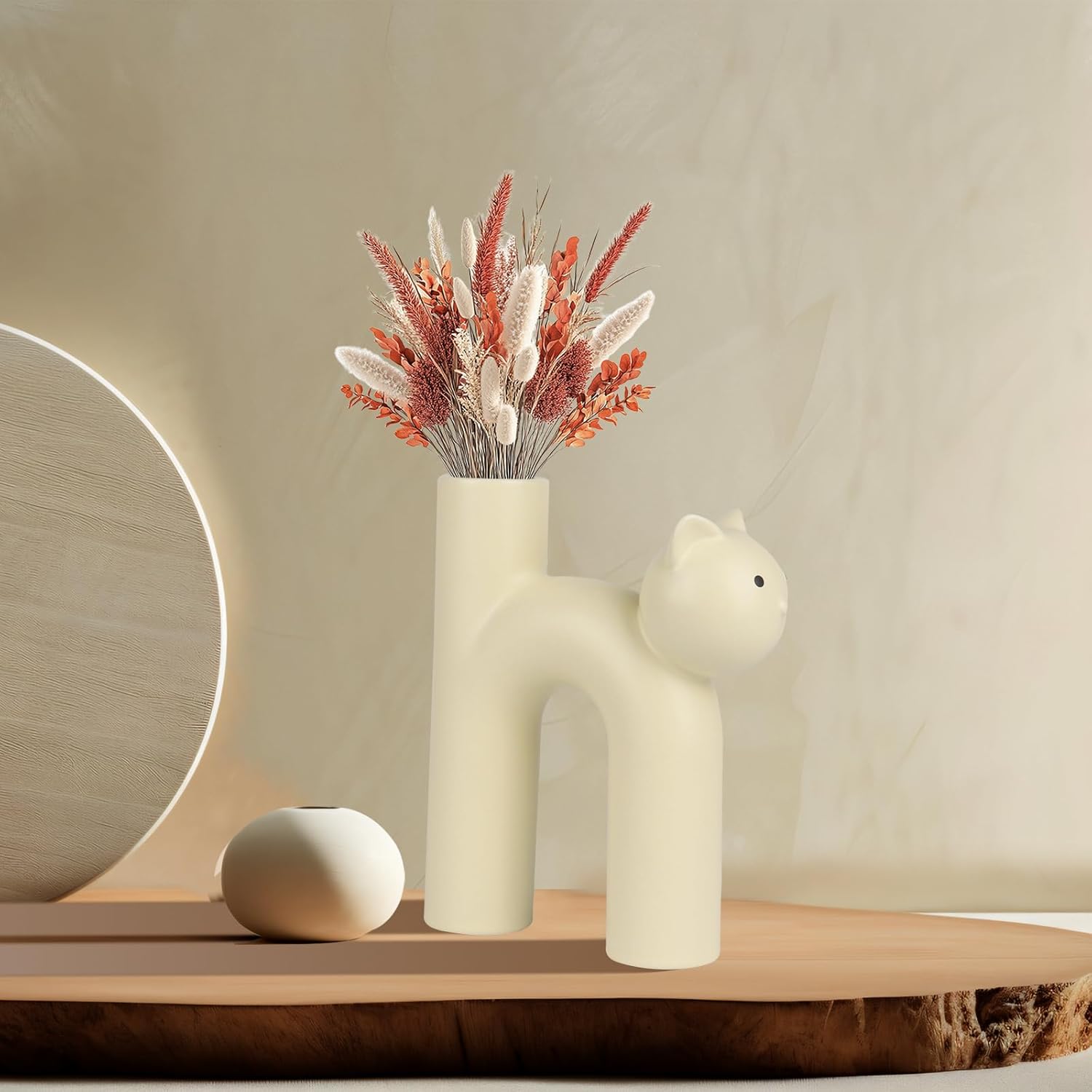 Cat Vase for Flowers, Ceramic Cat Desk Decor for Home & Office, Minimalist Flower Vase for Dried Plants, Cat Lover Gifts for Women, Cat Mom Gifts, Gifts for Cat Lovers, Cute Home Decor Small Vase