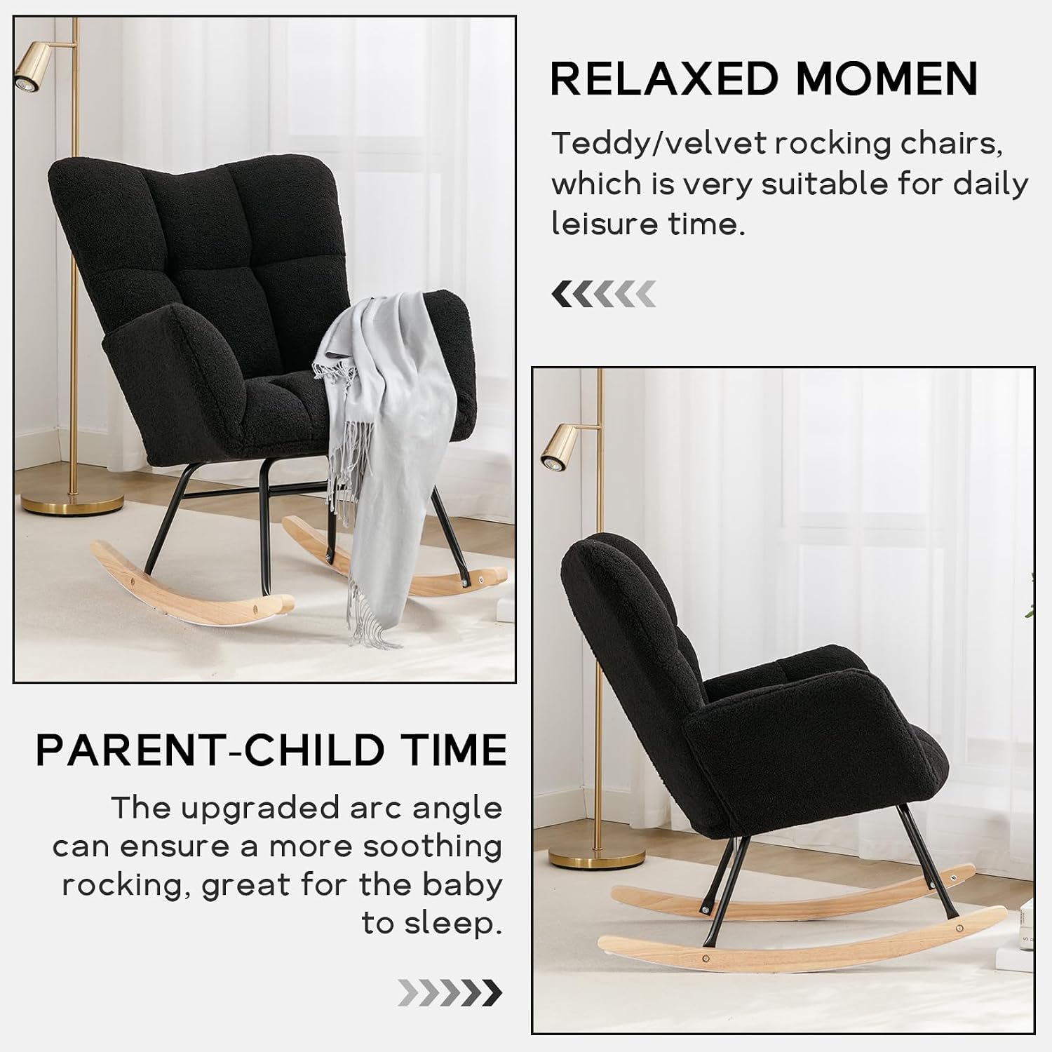 Modern Nursery Rocking Chair, Upholstered Glider Chair with High Backrest, Rocker Accent Armchair with Solid Wood Legs for Nursery Bedroom Living Room (Black Teddy)