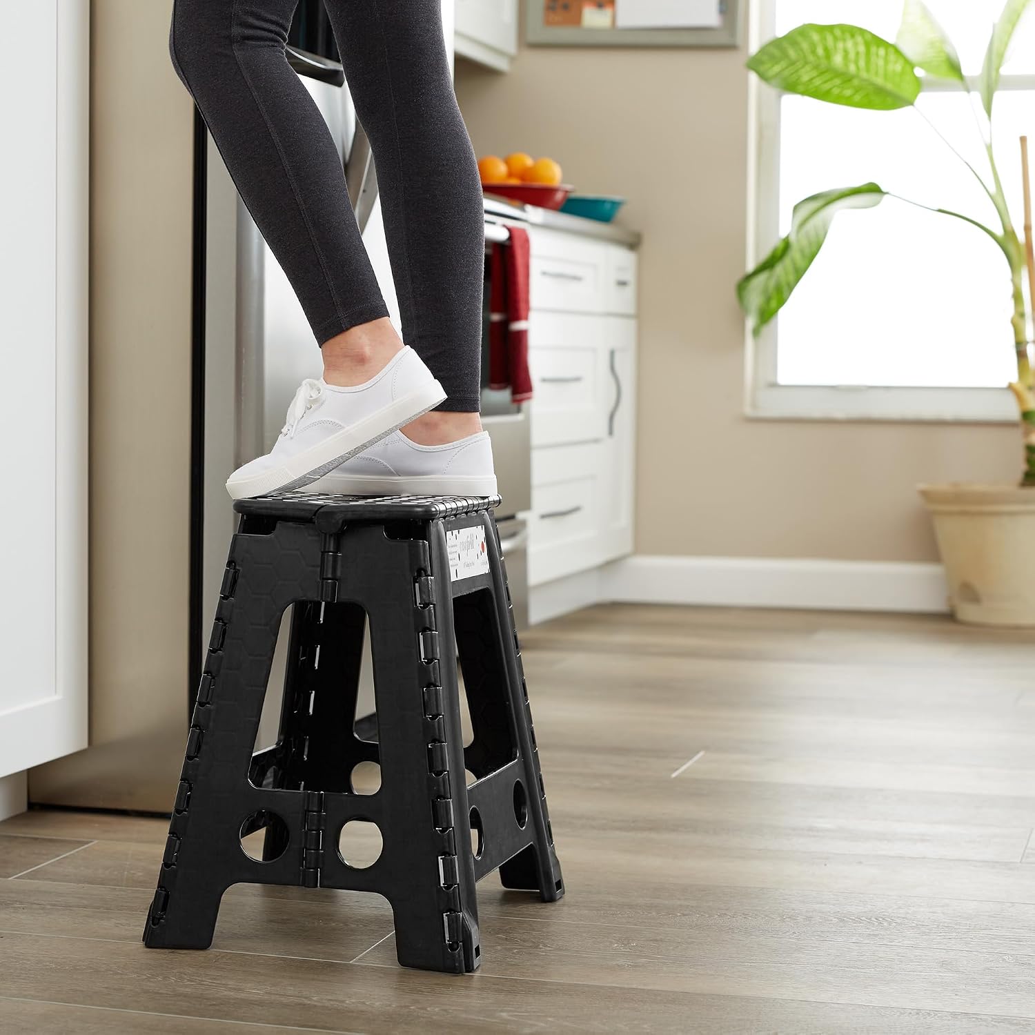 Casafield 18" Folding Step Stool with Handle, Black - Portable Collapsible Small Plastic Foot Stool for Adults - Use in the Kitchen, Bathroom and Bedroom