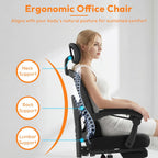 Desk Chair with Foot Rest, High-Back Mesh Office Chair with Wheels, Reclining Gaming Chair with Headrest and Adjustable Lumbar Support, 90°-130° Reclining, for Home Office and Gaming, Classic Black