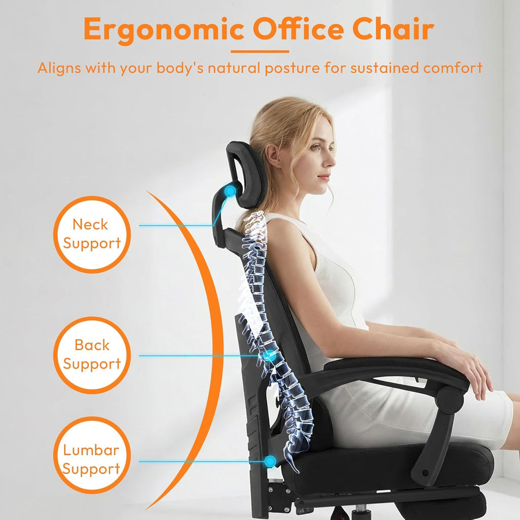 Desk Chair with Foot Rest, High-Back Mesh Office Chair with Wheels, Reclining Gaming Chair with Headrest and Adjustable Lumbar Support, 90°-130° Reclining, for Home Office and Gaming, Classic Black