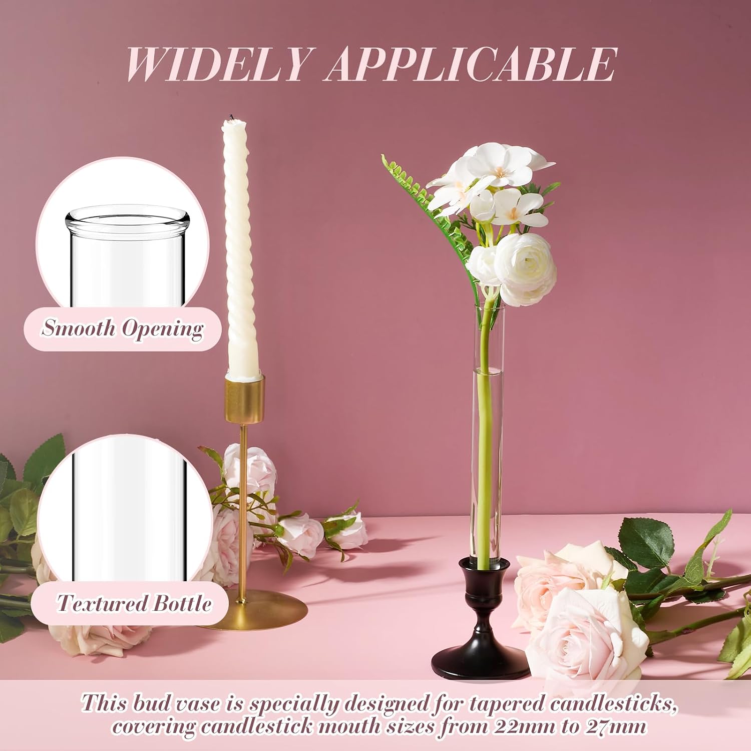 6 Pack 7.9" Glass Bud Vase Taper Candle Holder's Bud Vase for Flower Candlestick Sizes from 22mm to 27mm Adjustable Designed Specially for Taper Candle Holder for Tablescapes, Wedding Decor