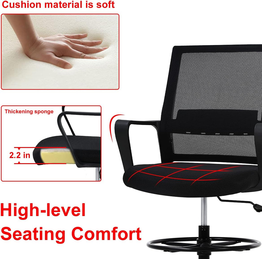 Drafting Chair Tall Office with Lumbar Support Arms for Standing Desk Swivel Rolling Mesh Footrest Ring Height Adjustable Stool Bar High Desk, 250lbs, Seat-Hight 20.7-28.5 inch