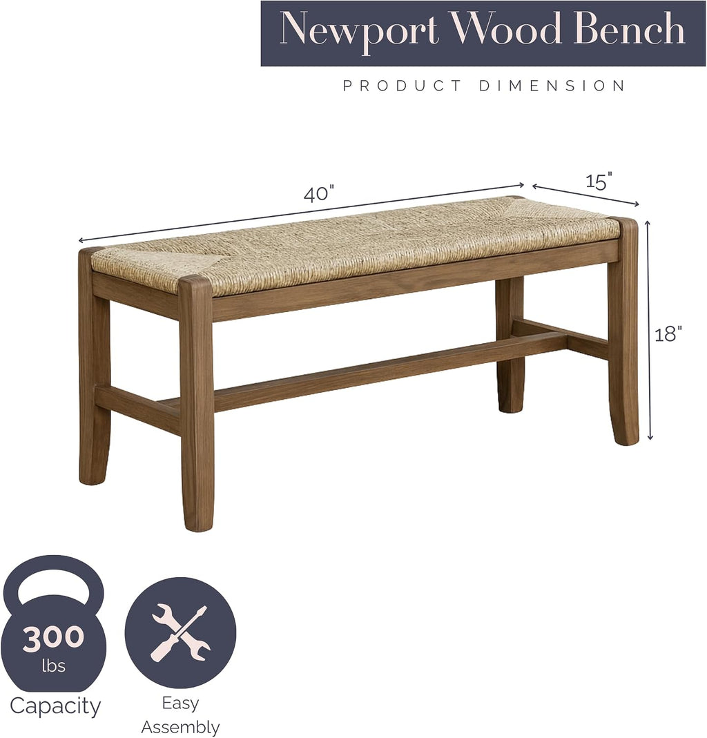 Alaterre Furniture Newport 40 Inch Solid Wood Entryway Bench - Modern Farmhouse Indoor Decorative Bench with Natural Seagrass Rush Seat - Furniture for Entryway, Dining Room, or Kitchen (Natural)