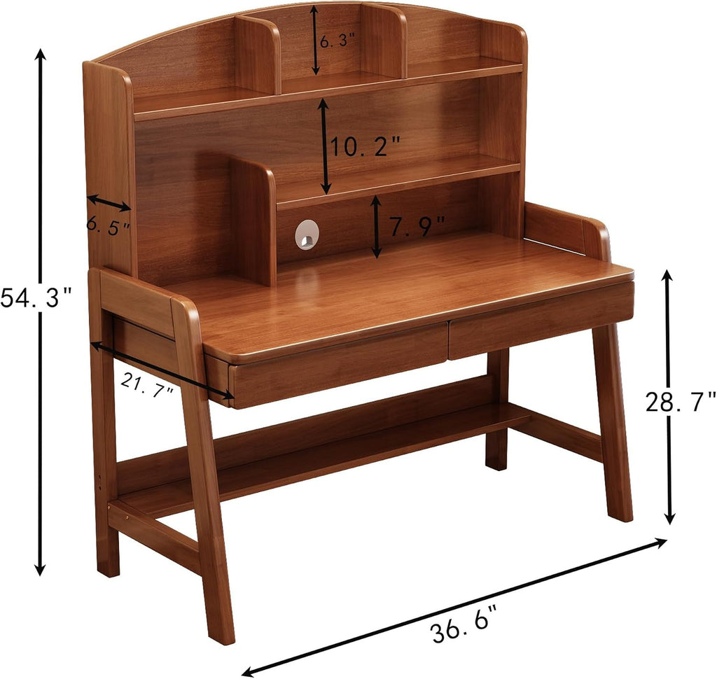 Kid's Desk Kid's Table with Drawers and Bookshelf Wooden Kid's Media Desk Student Learning Computer Workstation and Writing Desk （Brown）