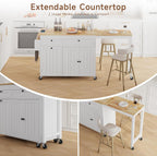 Kitchen Islands with Storage, Kitchen Island on Wheels with Extendable Dining Table and Power Outlet, Rolling Island Cart with Trash Cabinet, Spice Rack & Towel Rack, White