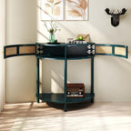 Unique Half Moon Console Table with Rattan Doors, 31.5" Rattan End Table with 2 Drawers & Storage Shelf, Antique Green Half Moon Entry Tables for Living Room, Entryway, Bedroom
