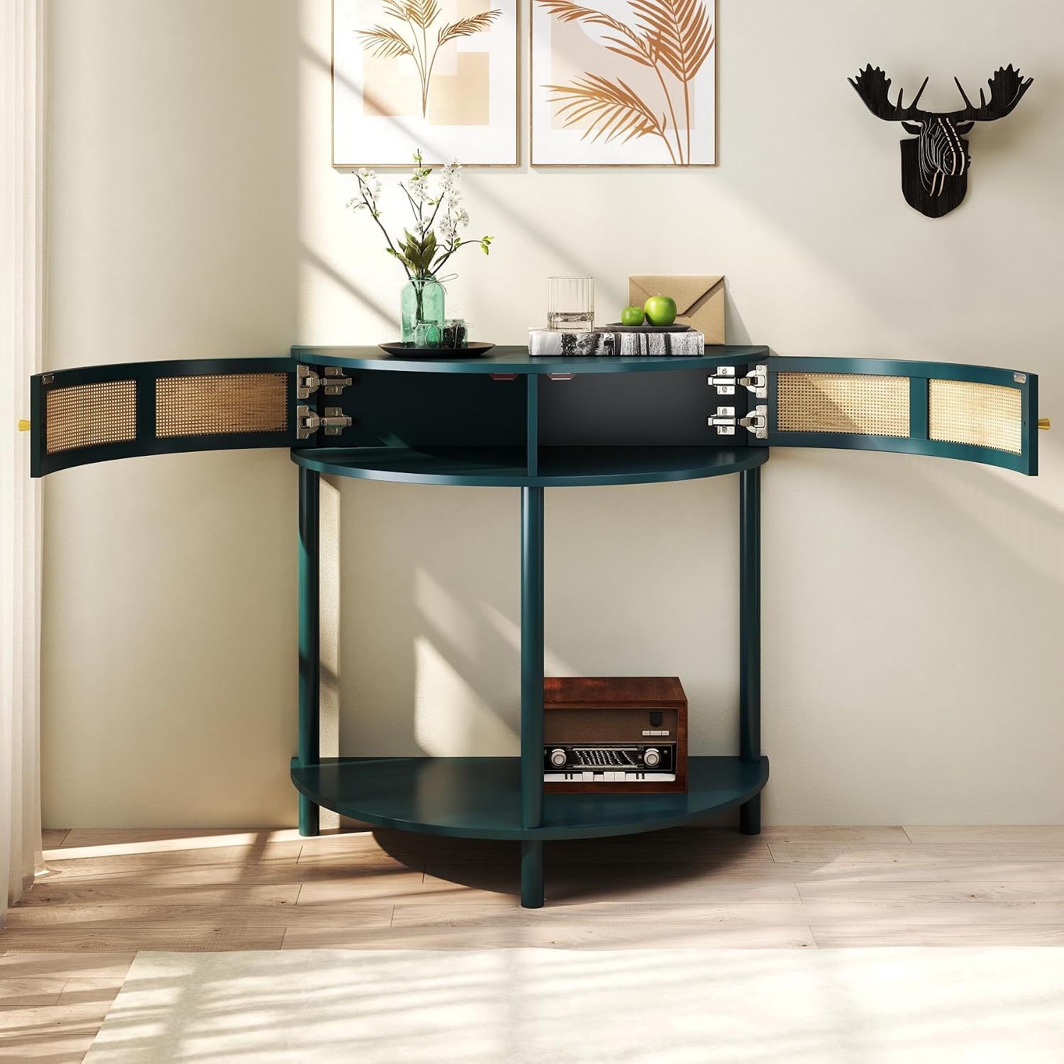 Unique Half Moon Console Table with Rattan Doors, 31.5" Rattan End Table with 2 Drawers & Storage Shelf, Antique Green Half Moon Entry Tables for Living Room, Entryway, Bedroom