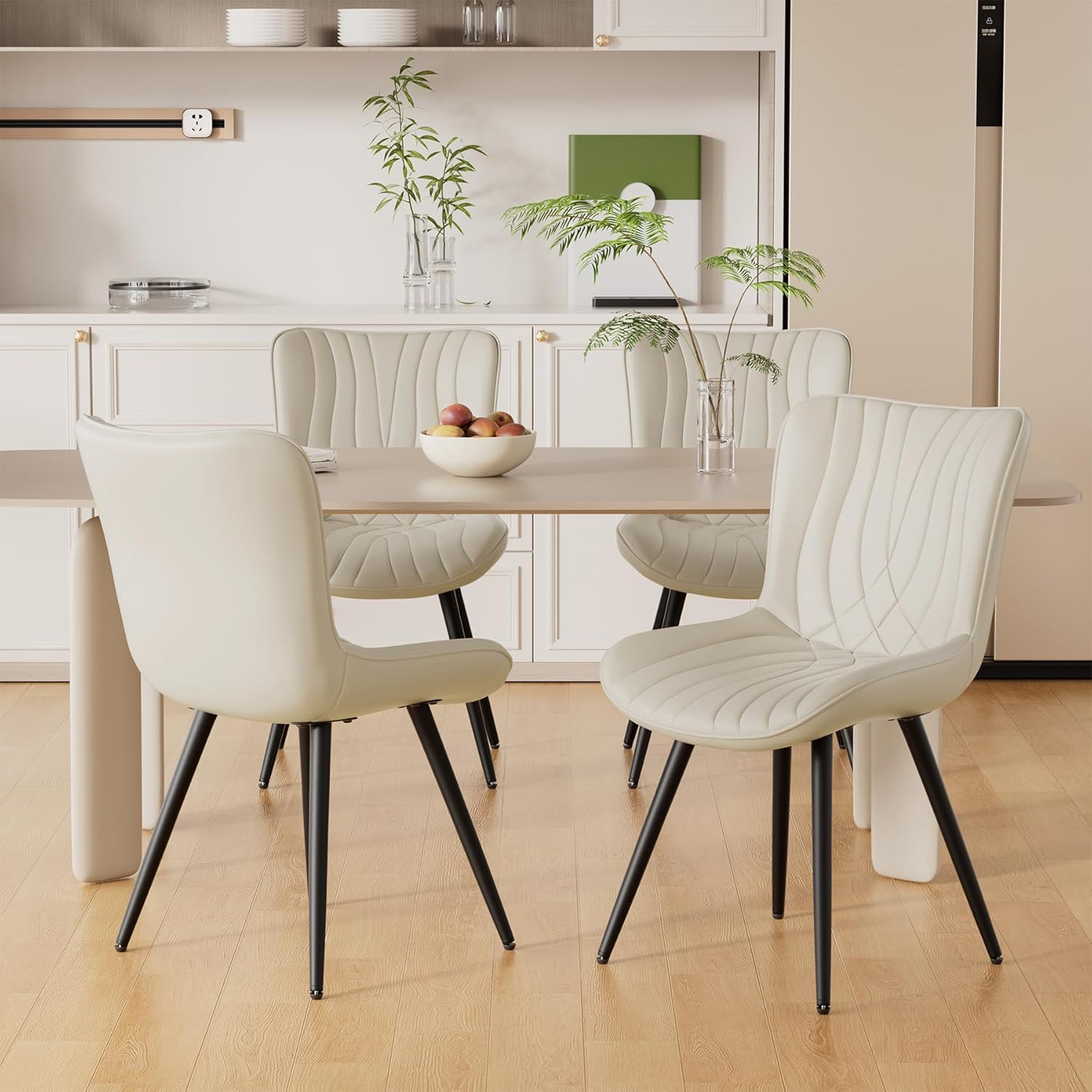 Dining Chair Set of 4 PU Leather Dining Room Chairs Upholstered Comfy Dining Chairs Modern Kitchen Armless Side Chair with Sturdy Metal Legs,Beige